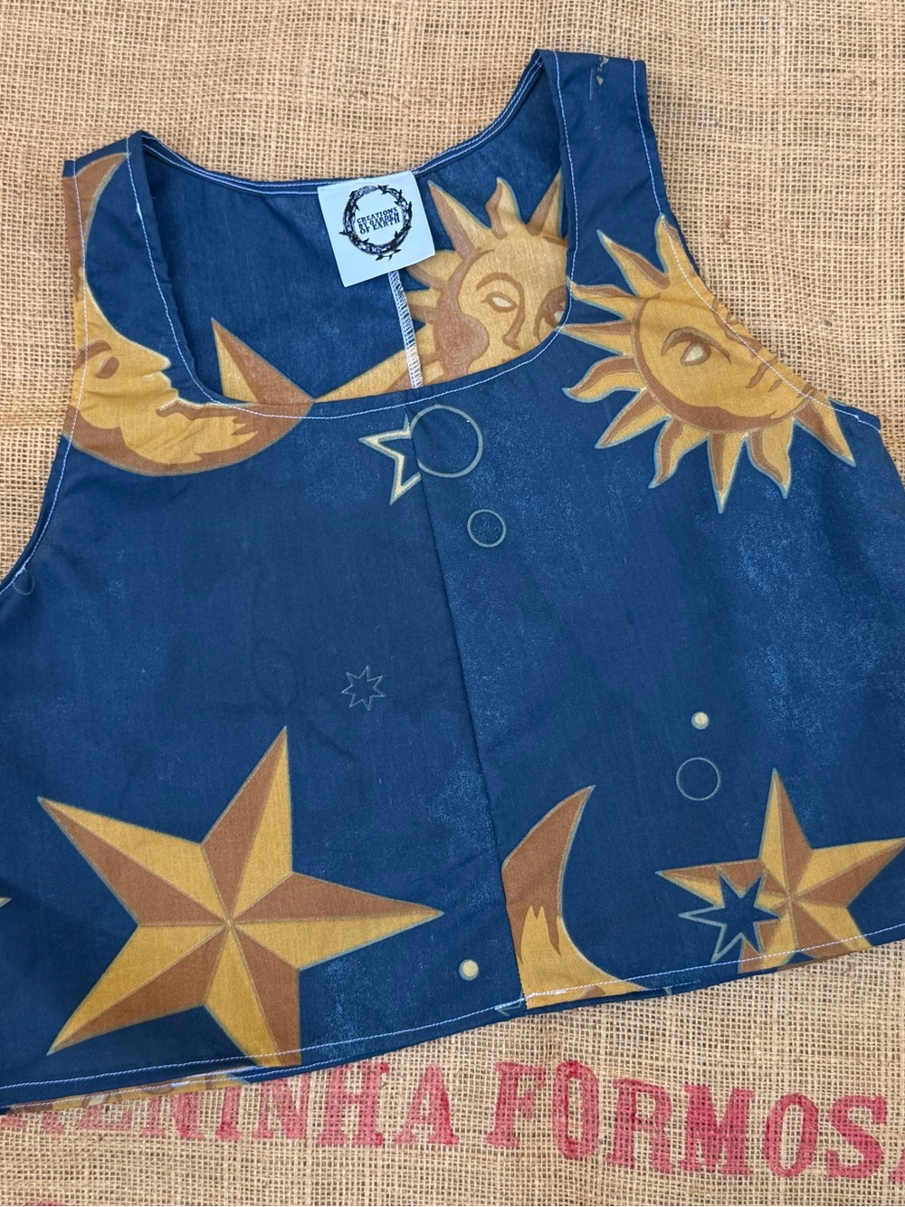 Handmade vintage Sun & Moon fabric top- Blue & Yellow - Picture 4 of 5